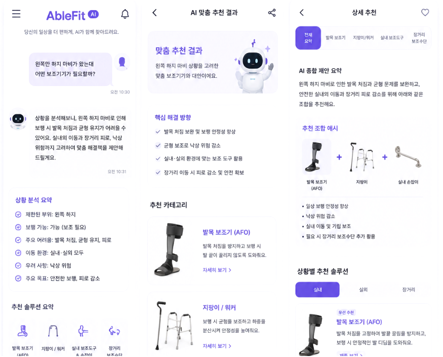 에이블픽 AI가 왼쪽 하지 마비 상황을 분석해 발목 보조기와 이동 보조도구를 추천하는 프로토타입 화면